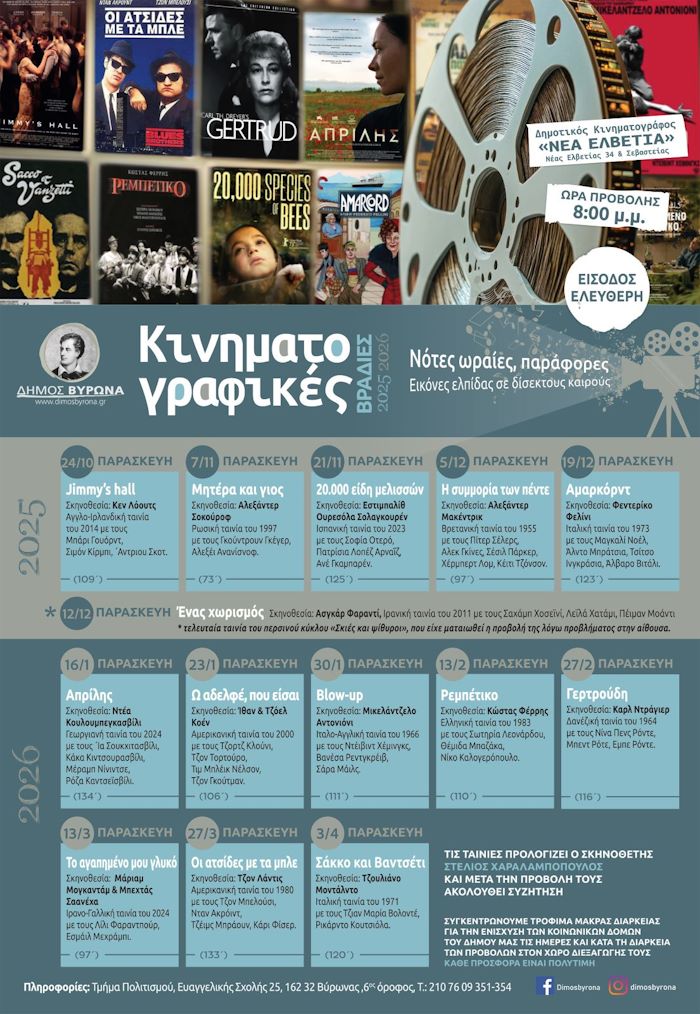 όλες οι ταινίες για δωρεάν κινηματογραφικές προβολές του Δήμου Βύρωνα