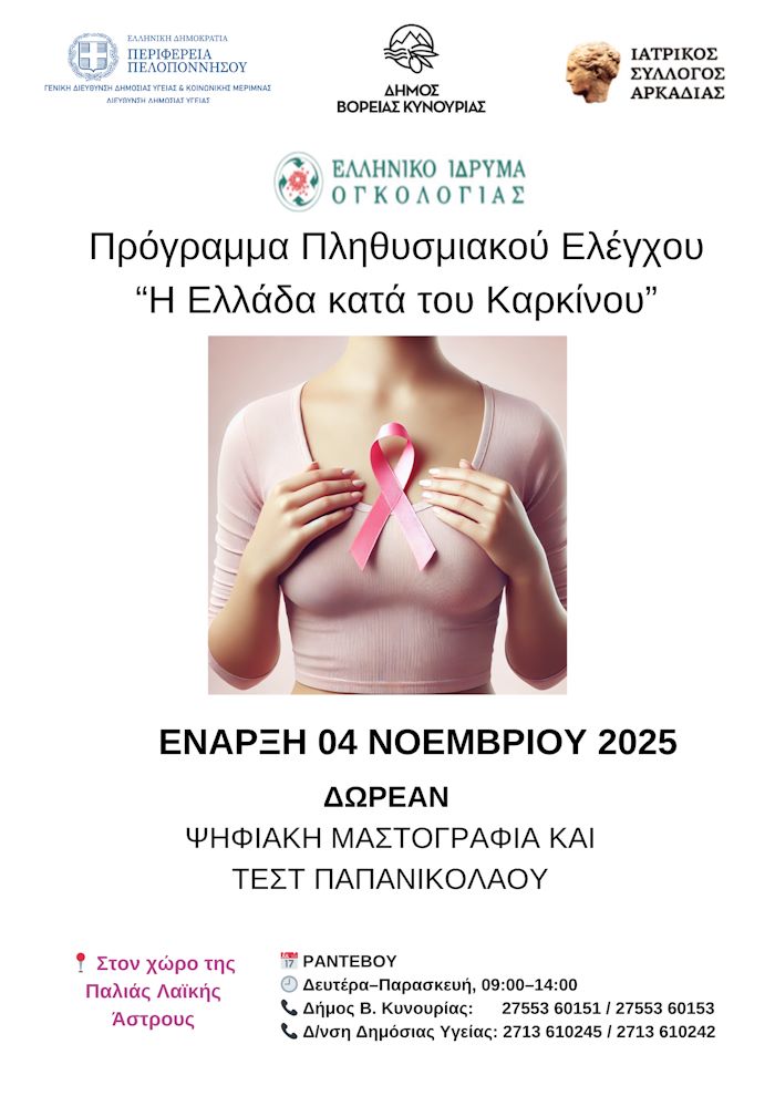 Δωρεάν Εξετάσεις Μαστογραφίας και Τεστ Παπ στη Βόρεια Κυνουρία